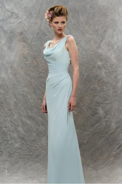 Chic Cowl Neck Lace Appliqued Sheath Cloud Blue Long Chiffon Bridesmaid Dress 