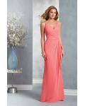 Coral Sleeveless V Neck Sheath Long Chiffon Bridesmaid Dress with Sash