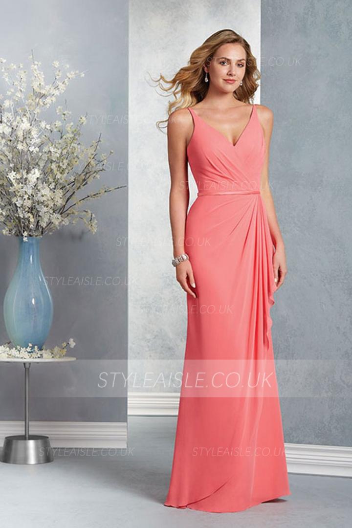 Coral Sleeveless V Neck Sheath Long Chiffon Bridesmaid Dress with Sash