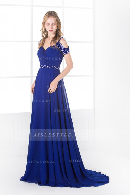 Off the Shoulder Beading A-line Royal Blue Chiffon Prom Dress with Belt