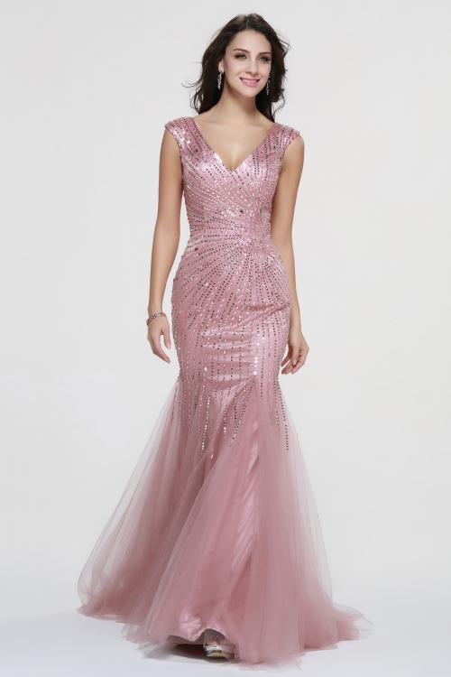 Sparkling Beaded Shoulder Straps Beading A-line Rose Pink Tulle Prom Dress 