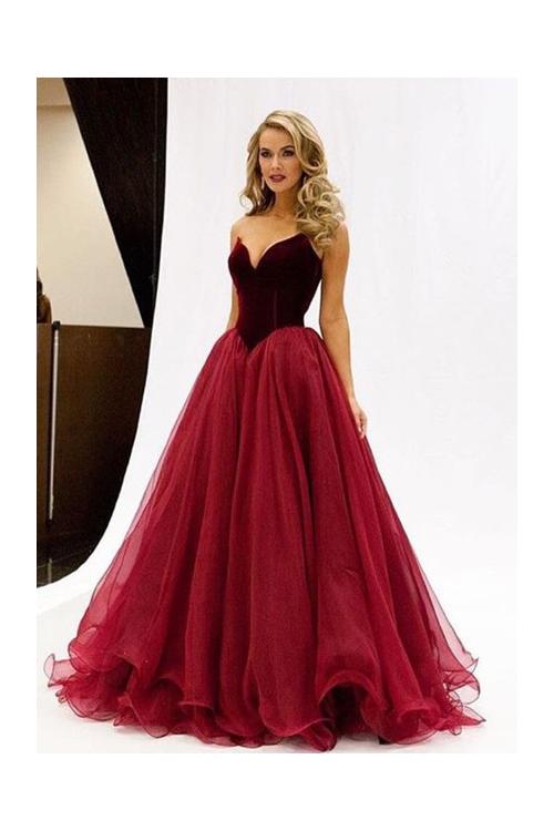 Ruby Ball Gown Strapless Long Tulle Evening Dresses