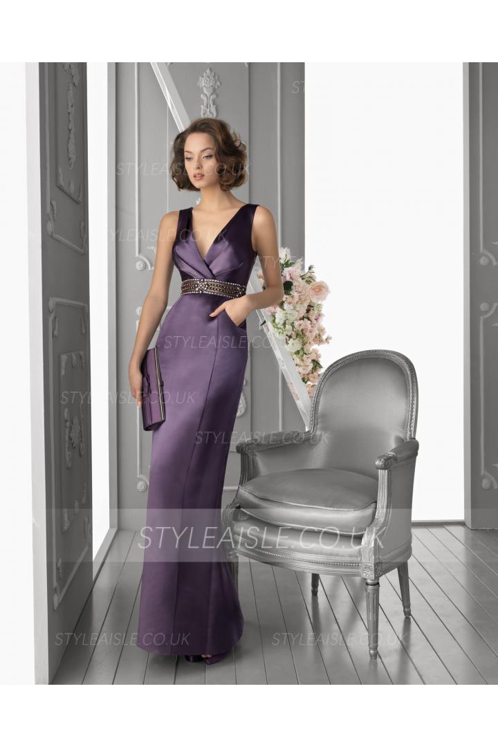 Charming Sheath/Column Straps V-neck Crystal Detailing Floor-length Satin Prom Dresses 