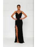  Sheath/Column Spaghetti Straps Sleeveless Lace Split Floor-length Long Black Prom Dresses