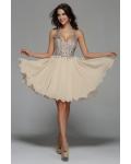 Knee Length Beading V Neck Champagne Chiffon A-line Prom Dress 