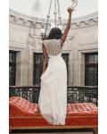 Elegant A-line V-neck Cap Sleeves Ruching Floor-length Long Wedding Dresses with Pearl Detailing Back