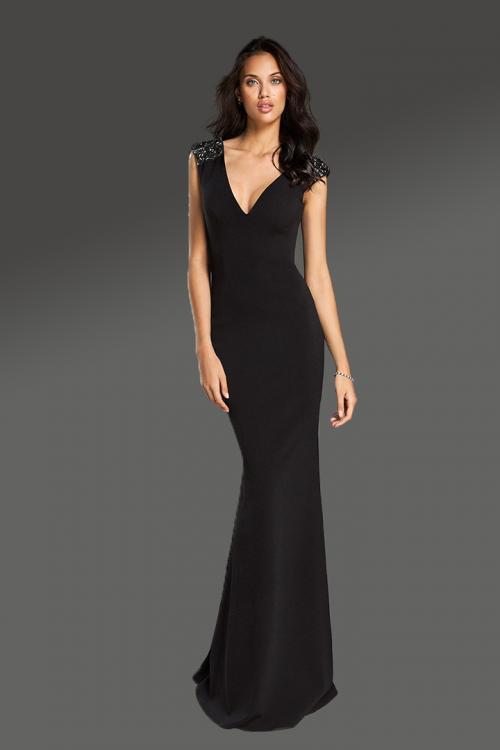  Trumpet/Mermaid Black V-neck Cap Sleeve Beading Sweep/Brush Train Long Jersey Cocktail Dresses