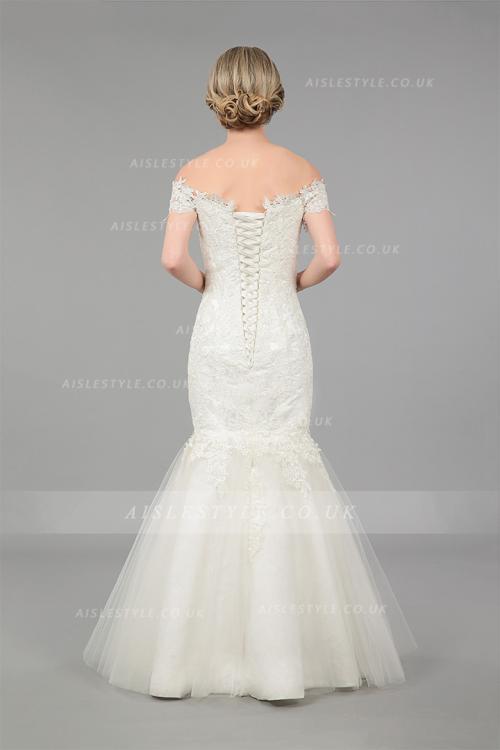  Mermaid Off-the-shoulder Short Sleeve Lace Sweep/Brush Train Wedding Dresses