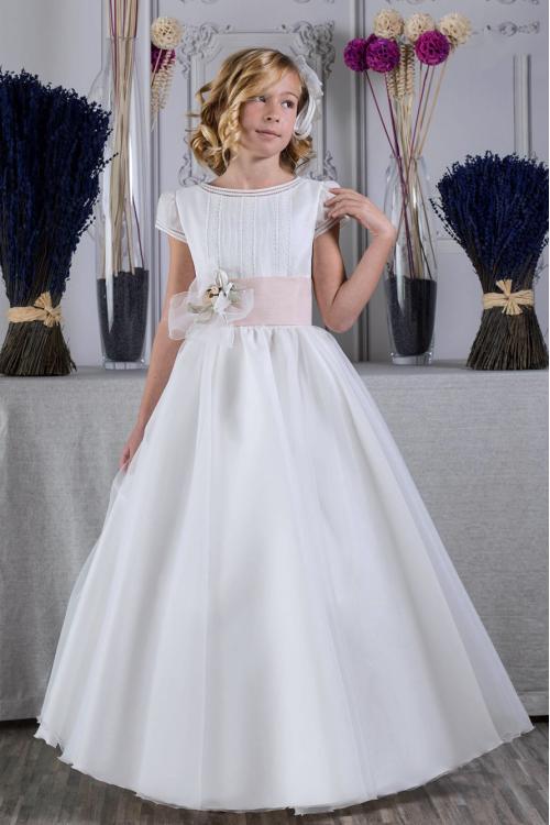 Cap Sleeves Long A-line Ivory Organza Holy Communion Dress with Flower