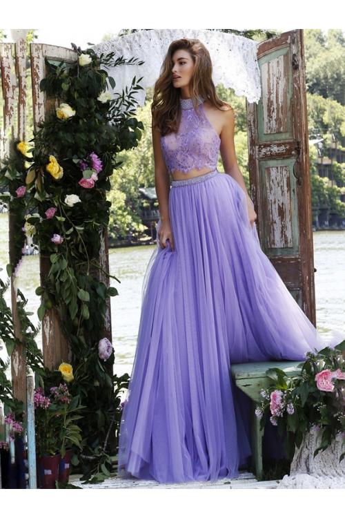 Chic High Neck Two Piece Sleeveless Low Back Tulle Prom Dress with Lace Bodice 