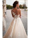 Vintage Inspired Sleeveless Illusion Neck Lace overlay Blush Tulle Wedding Dress with Sash 