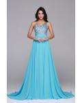 Sleeveless One Shoulder Beading Long Blue Chifofn Prom Dress 