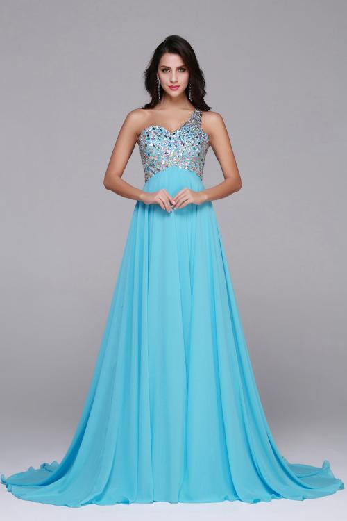 Sleeveless One Shoulder Beading Long Blue Chifofn Prom Dress 