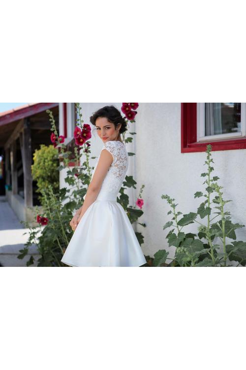 Cap Sleeved Full Back Lace Covered A-line Short Taffeta Wedding Dress 