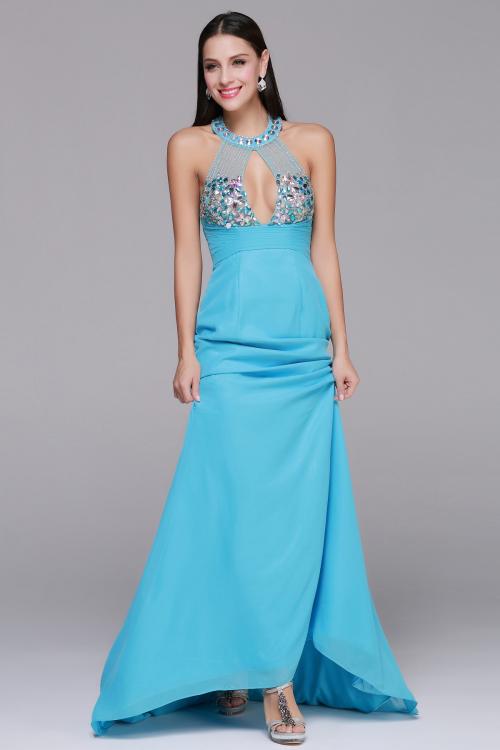 One Sleeveless Halter Neck Long Sheath Blue Chiffon Prom Dress 