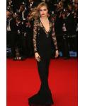  Sheath V-neck Long Sleeve Black Lace Long Celebrity Prom Dress