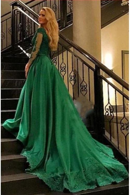 Long Sleeves Lace Appliques Ball Gown Satin Prom Evening Dress 