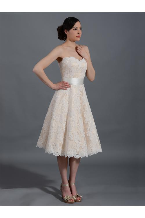 Short Strapless Sweetheart Lace overlay Satin Knee Length Wedding Dress with Ribbon 