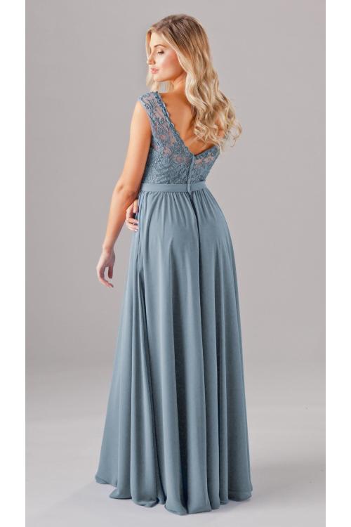 Long Bateau Neck High Split A-line Chiffon Bridesmaid Dress with Ribbon