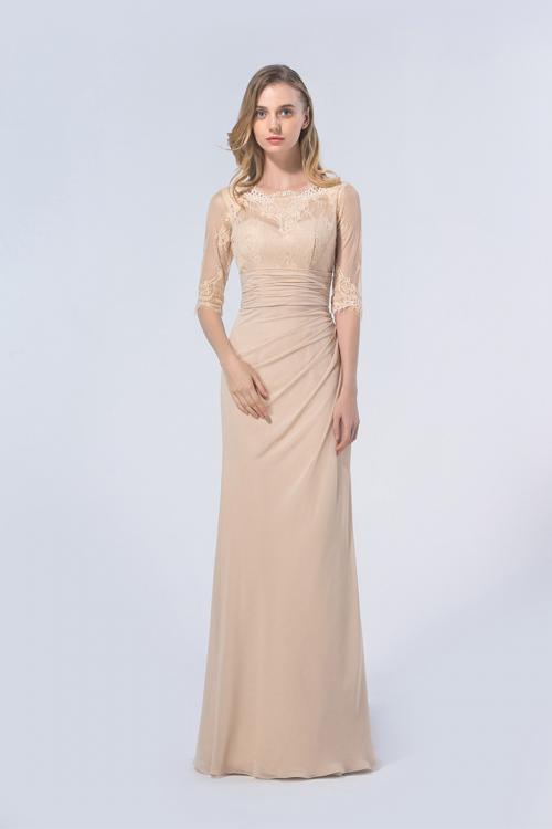 3/4 Sleeved Illusion Neck Sheath Champagne Long Chiffon Bridesmaid Dress 