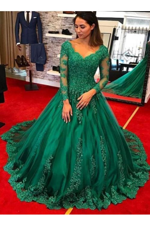 Long Sleeves Lace Appliques Ball Gown Satin Prom Evening Dress 