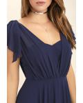 Flutter Sleeves A-line Navy Blue Long Chiffon Bridesmaid Dress