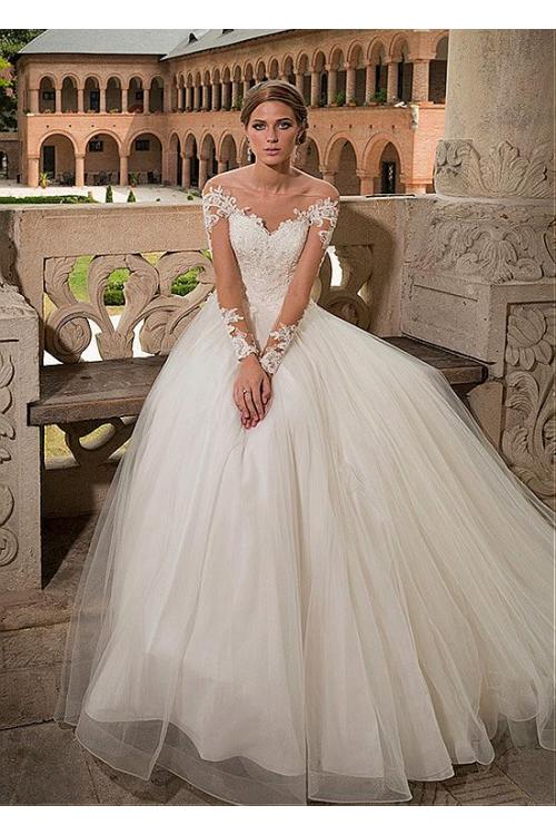 Long Sleeve Off Shouder Illusion Tulle Wedding Dress with Full Back 