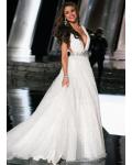 Sleeveless V Neck A-line Sequin White Organza Wedding Dress with Crystal Belt 