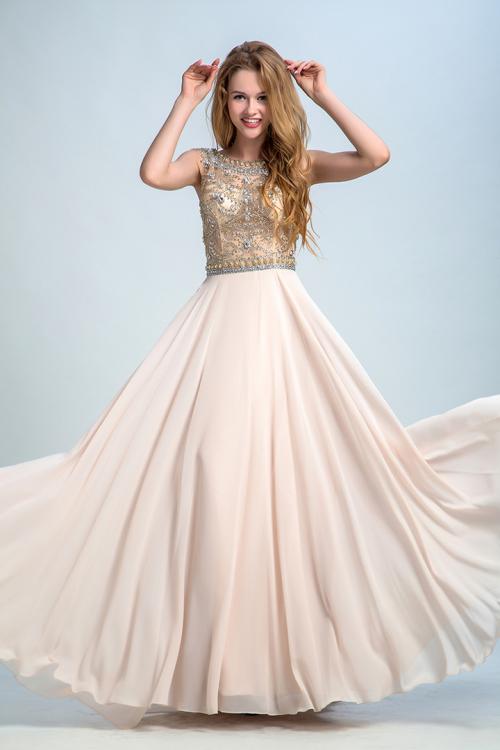  A-line Scoop Neck Sleeveless Beading Floor length Long Chiffon Design Prom Dress