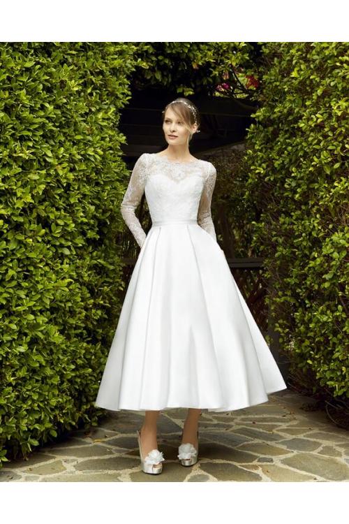 Vintage Tea Length Short Wedding Dress Long Sleeves with Ribbon