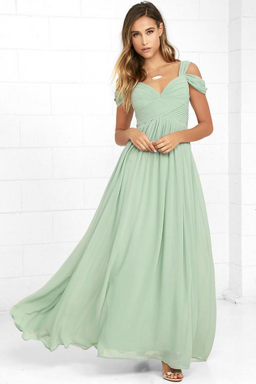 Off Shoulder Mint Long Green Chiffon Maxi Prom Dress 