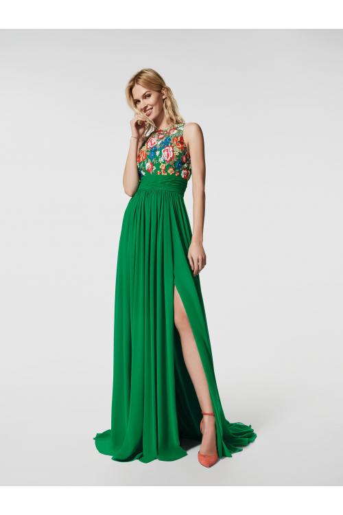 Vinatge Inspired Floral Lace Embroidered Long Green Chiffon Prom Dress