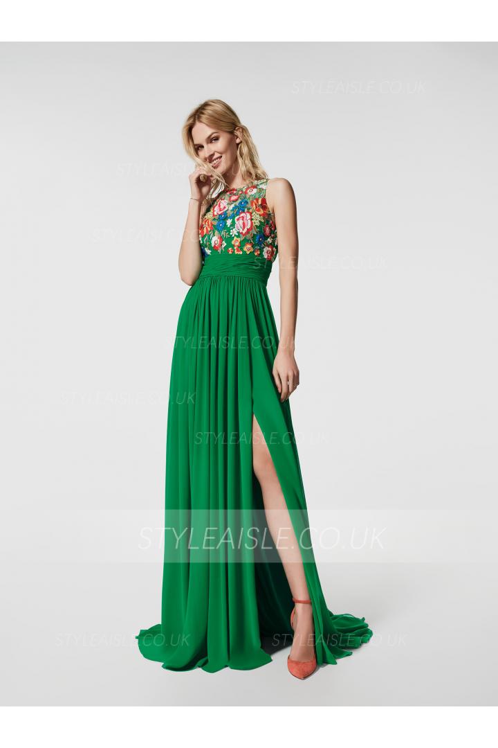 Vinatge Inspired Floral Lace Embroidered Long Green Chiffon Prom Dress