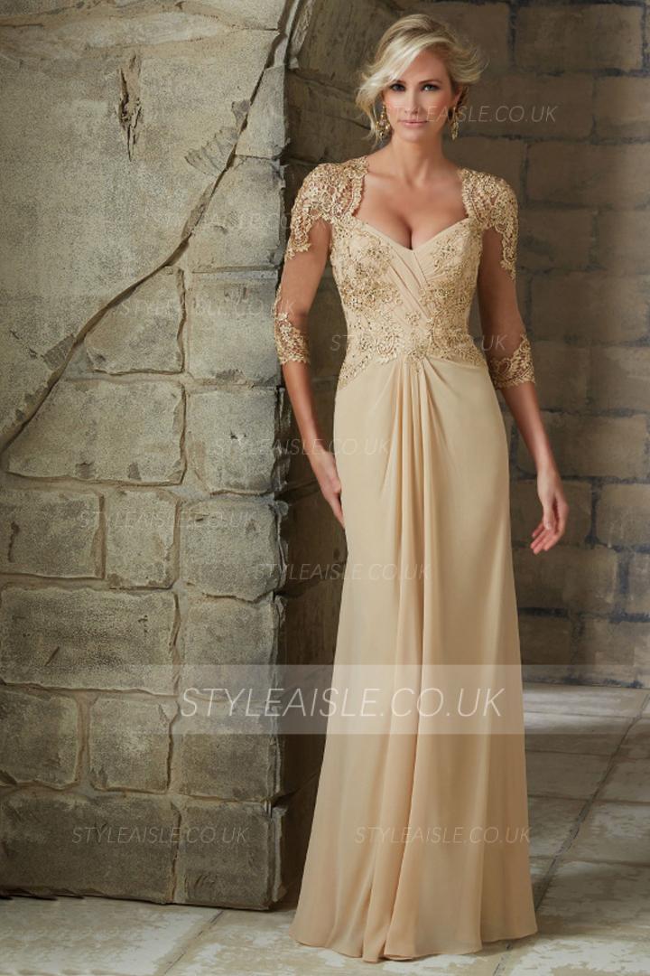 3/4 Beaded Lace Bodice Sheath Chiffon Mother of the Bride Dress 