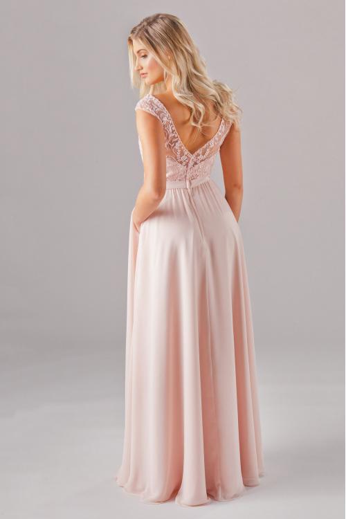 Blush Lace Embroidery Long Chiffon Bridesmaid Dress High Slit with Ribbon
