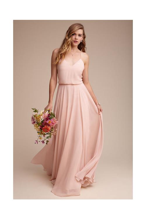 Casual Beach Style Long Spaghetti Straps Long Blush Chiffon Bridesmaid Dress 