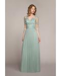 V Neck Illusion 3/4 Sleeves Column Tulle Bridesmaid Dress 