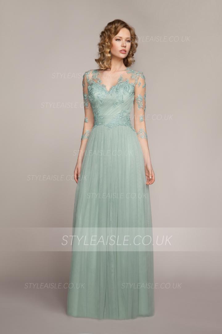 V Neck Illusion 3/4 Sleeves Column Tulle Bridesmaid Dress 