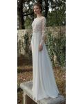 Long Sleeves See-through Lace Bodice Column Backless Chiffon Wedding Dress 