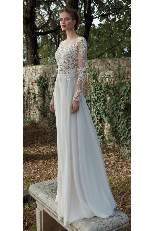 Long Sleeves See-through Lace Bodice Column Backless Chiffon Wedding Dress 