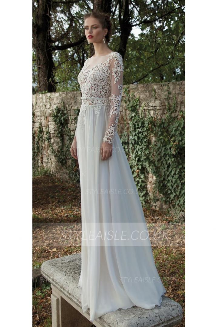 Long Sleeves See-through Lace Bodice Column Backless Chiffon Wedding Dress 