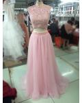 Jewel Neck Cap Sleeve Beading Long A-line Blush Tulle Prom Dress 