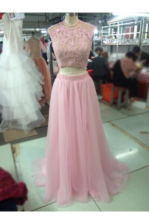 Jewel Neck Cap Sleeve Beading Long A-line Blush Tulle Prom Dress 