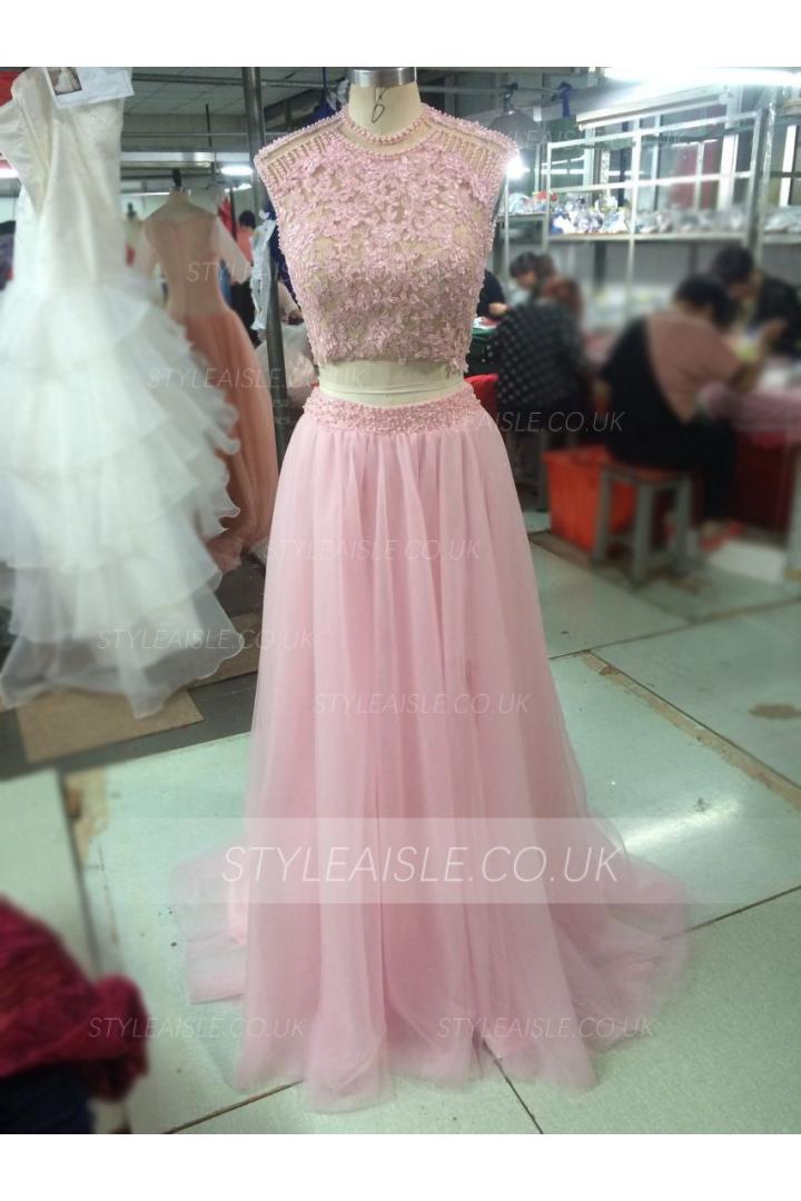 Jewel Neck Cap Sleeve Beading Long A-line Blush Tulle Prom Dress 