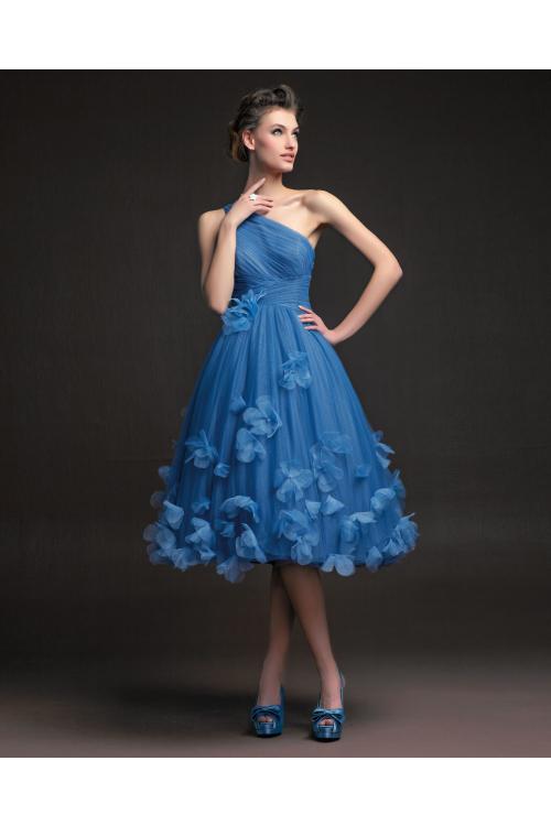 Simple A-line One Shoulder Ruching Hand Made Flowers Knee-length Tulle Cocktail Dress