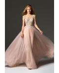  A-line Bateau Neckline Cap Sleeves Lace Appliques Floor-length Long Tulle Prom Dresses
