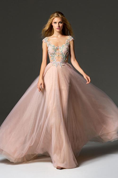  A-line Bateau Neckline Cap Sleeves Lace Appliques Floor-length Long Tulle Prom Dresses