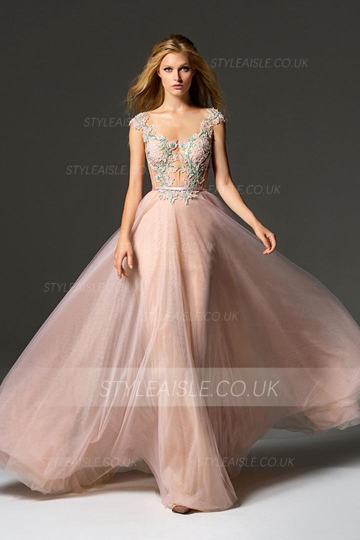  A-line Bateau Neckline Cap Sleeves Lace Appliques Floor-length Long Tulle Prom Dresses