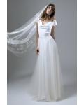 Short Sleeved V Neck Long Satin and Tulle Wedding Dress 