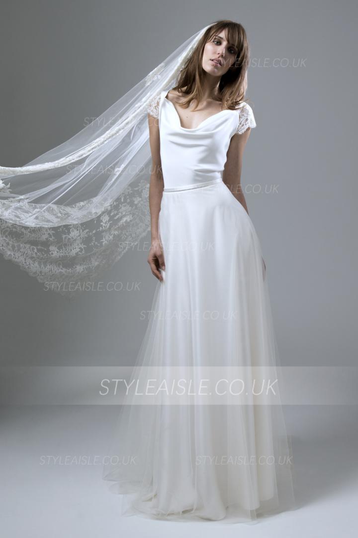 Short Sleeved V Neck Long Satin and Tulle Wedding Dress 